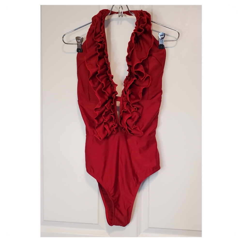 Vintage Ruffle Detail Halter Bodysuit Size Medium Color Red